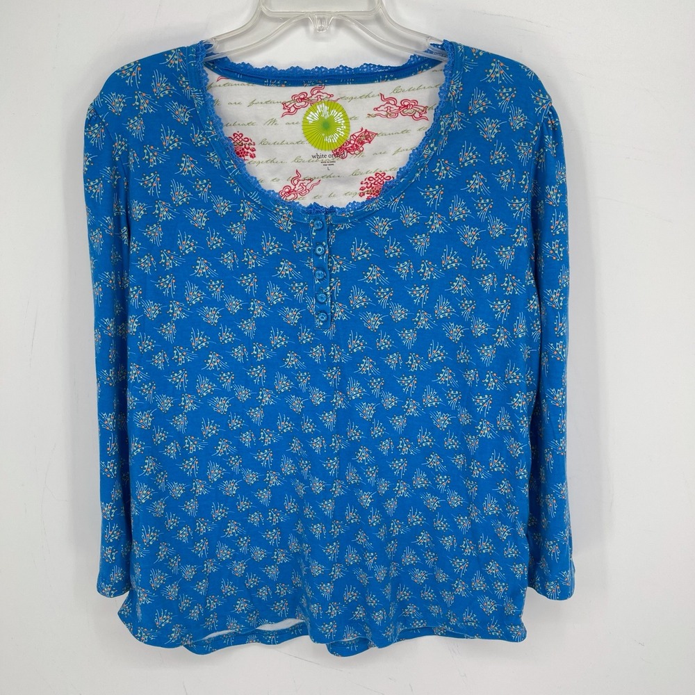 White Orchid Women's Blue Floral Long Sleeve Henley Sleep Pajama PJ Top Size L